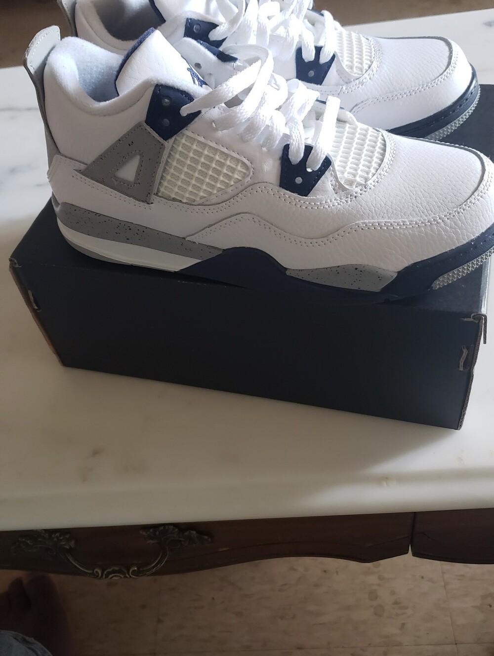 Jordan Kids White Navy and Gray Retro Basketball Sneakers - Picture 3 of 5